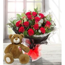 Dozen Red Roses & Teddy
