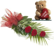 3 Red Roses In Vase & Teddy Bear (Standard)