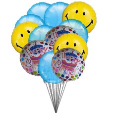 Smiley blue birthday balloons (6 Latex Balloons and 6 Mylar Balloons)