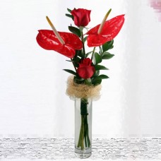 Red Anthurium And  Roses In Glass Vase