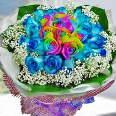 9 Rainbow Roses And  20 Blue Roses Hand Bouquet