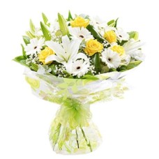 Yellow Roses, White Lilies And White Gerberas Bouquet