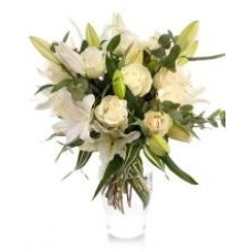Bouquet Of White Roses, Lilies And Chrysanthemums