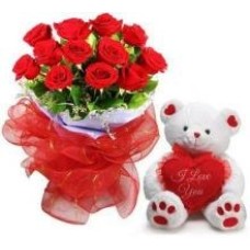 12 Red Roses And Small Teddy Bear