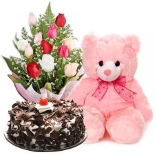 Mixed Roses, Teddy Bear And Black Forest Cake