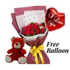 Roses With Teddy And A Free Balloon