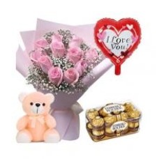 12 Pink Roses, 16 Pcs Ferrero Rocher Chocolate Box Balloon