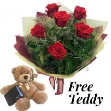 6 Red Roses And Free Teddy
