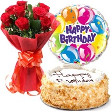 12 red roses, 1 kg cake with birthday balloon