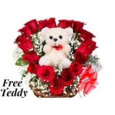 20 Red Roses Heart In A Basket With Teddy