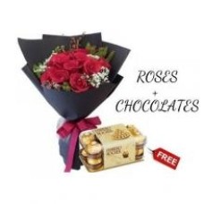 Valentines 12 Red Roses Bouquet With  Chocolate Box