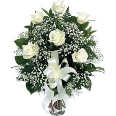 6 White Roses In A Glass Vase