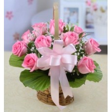 12 Pink Roses Basket
