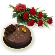 Bunch Of 6 Red Roses And 1 Kg Chocolate Cake