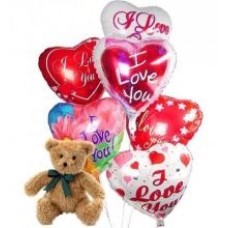 6 Heart Shaped Mylar Balloons And Teddy Bear