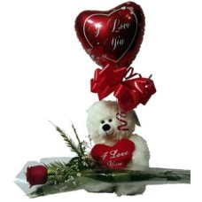Teddy Bear And Heart Shaped Mylar Balloon With A Free Red Rose