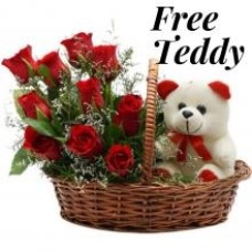 12 Red Roses And Free Teddy Bear