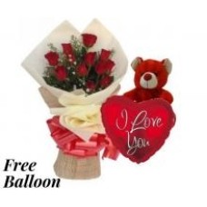 Red Roses Bouquet And Teddy With Balloon