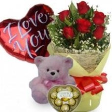 Ferrero Rocher, Teddy Bear, 6 Red Roses And Mylar Balloon
