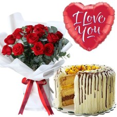 12 Red Roses & Mango Bravo Cake & Heart Mylar Balloon