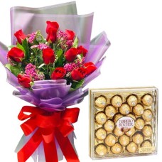 12 Red Roses bouquet with 24 pcs Ferrero chocolate#1
