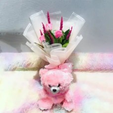 3 Pink Roses with Bear