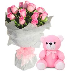 12 Pink Roses with Lovable Bear