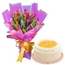 Pink Roses With Red Ribbon Cake (6" Inch)