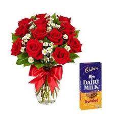 12 Red Roses vase with Cadbury Dairy Milk