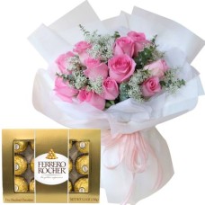 12 Pink Roses with Ferrero Chocolate Box