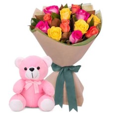 12 Mixed roses with Pink Bear