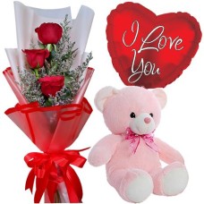 3 Red Roses, Bear with Heart Shape Balloon