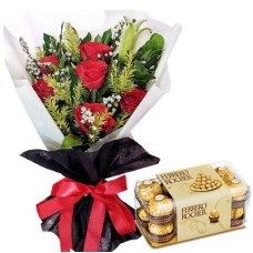 6 Red Roses bouquet with Ferrero Roche Chocolate