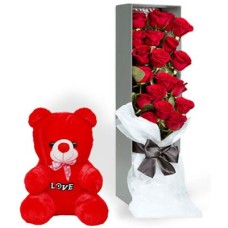 18 Red Roses Box with Red Teddy Bear