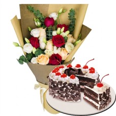 18 Roses in Bouquet with Black Forest Cake