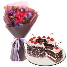 12 Red Roses with Black Forest Cake By Red Ribbon (6'' Round Cake)