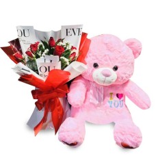 12 Red Roses Bouquet with Pink Bear