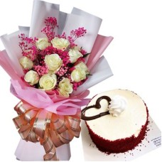 12 White Roses Bouquet & Red Velvet Mini Cake