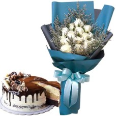 12 White Roses Bouquet with Triple Treat Cake by Max