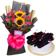 12 Pink Roses 2 Sunflowers Bouquet with Black Forest Cake