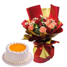 12 Red & Pink Roses with Goldilocks Mango Cake