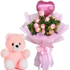12 Pink Roses, Bear with Heart Balloon