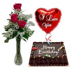 3 Red Rose in Vase, Chocolate Cake & I Love U Balloon
