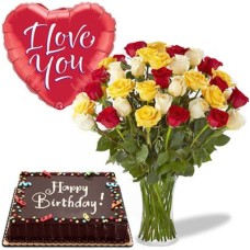 36 Mixed Roses Vase, Heart Balloon & Chocolate Cake