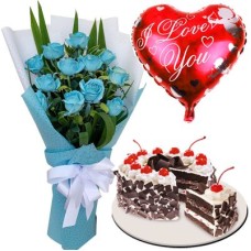 12 Blue Roses Bouquet with Black Forest Cake & Heart Balloon