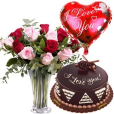12 Red & Pink Roses Vase w/ Cake & Balloon