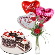 3 Red Roses Vase, Heart Balloon & Black Forest Cake