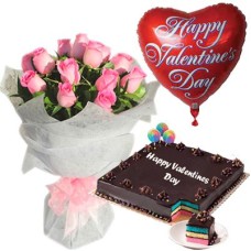 12 Pink Roses, Heart Balloon with Rainbow Cake