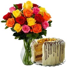 Mixed Roses Flower Vase with Mango Contis Cake