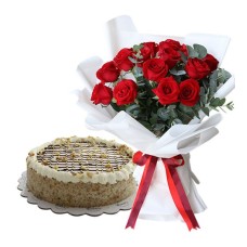 12pcs Beautiful Red Rose Bouquet With Bananalicious Pie by Contis Cake